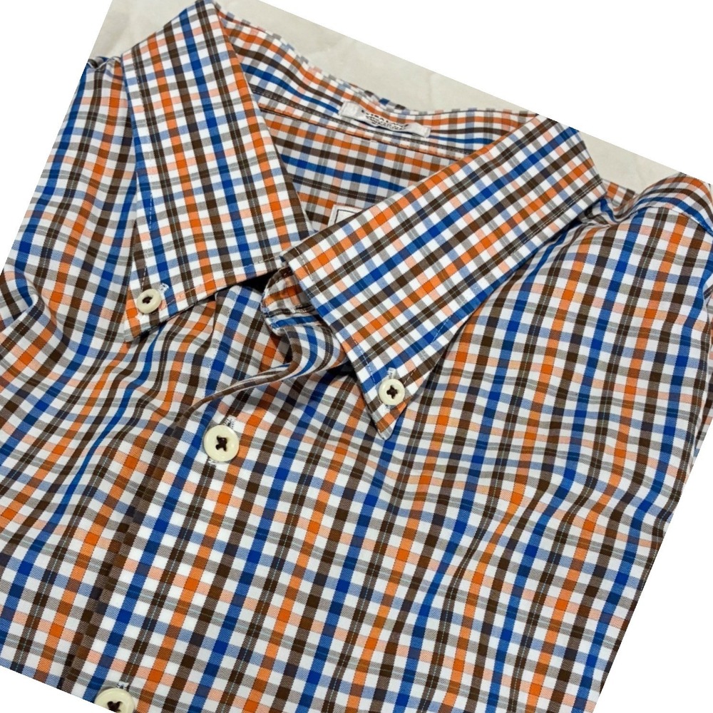 Peter Millar Button Down Shirt Mens XL Orange Blue Check Gingham Cotton
